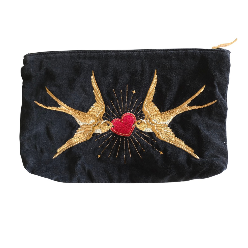 Elizabeth Scarlett London Black Velvet Embroidered Swallows Heart Pouch Clutch